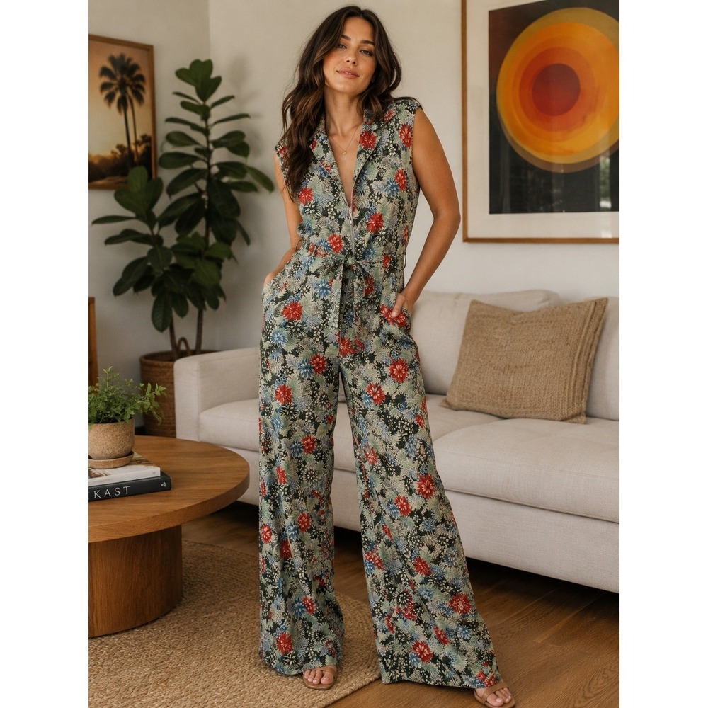 70s Vintage Womens Jumpsuit‎ Green Floral Print Sleeveless
